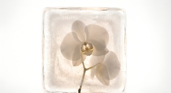White orchid flower frozen inside a clear ice block