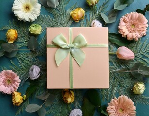 pastel gift box surrounded by foliage and flowers