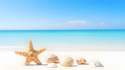 Serene beach scene with starfish and seashells on white sand