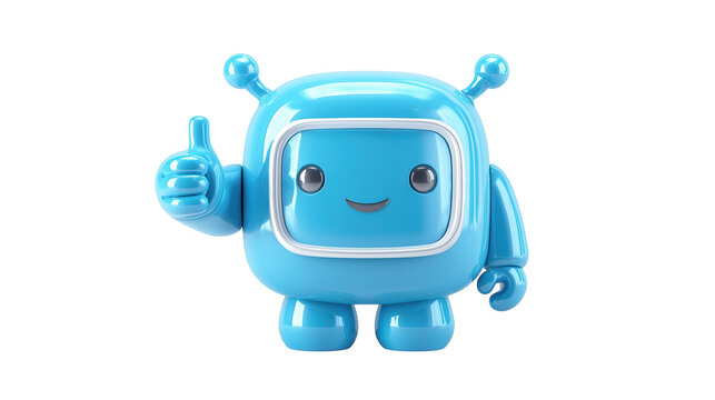 Cheerful blue television robot character giving thumbs up gesture for success and approval.

