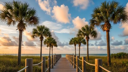Serene beach pathway lined with palm trees at sunset