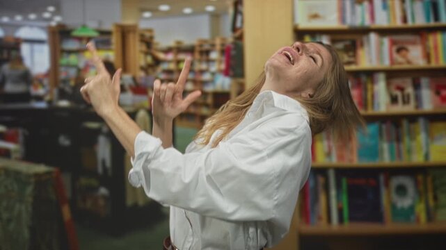 Woman points finger upward and gestures with both hands in building library among books; playful curiosity.