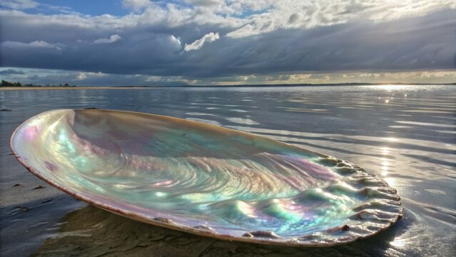 Large iridescent seashell on serene beach with cloudy sky