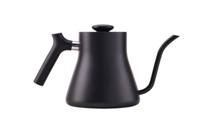 Modern matte black gooseneck kettle for pour over coffee brewing.

