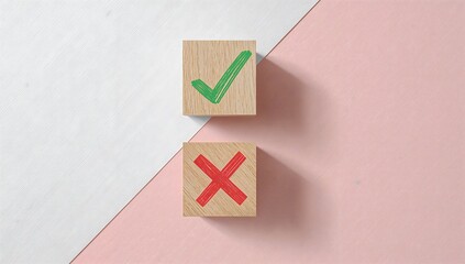 Top view of wooden blocks with green check mark and red cross symbol on white and pink background concept for voting or decision making