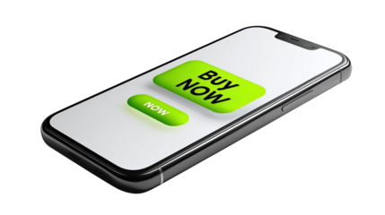 Smartphone screen displaying green buy now button for online shopping.


