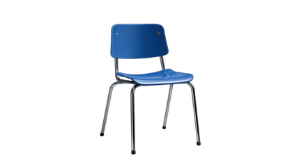 Blue plastic classroom chair with metal legs for school education seating.

