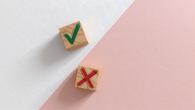 Top view of wooden blocks with green check mark and red cross symbol on white and pink background concept for voting or decision making