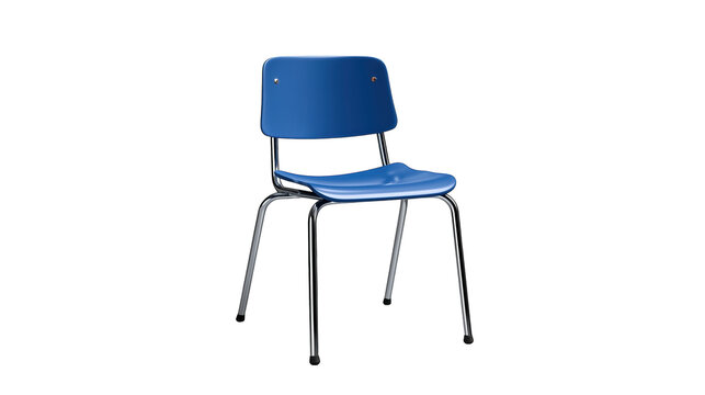 Blue plastic classroom chair with metal legs for school education seating.

