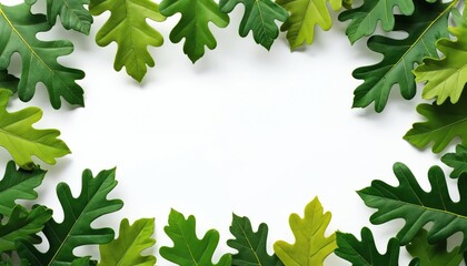 Green oak leaves form a border on a white background. Fresh foliage suggests spring or summer growth. Natural plant elements provide copy space for text.