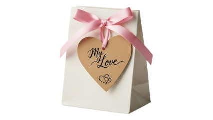 Gift bag with a heart-shaped tag and a pink ribbon Isolated on a transparent background