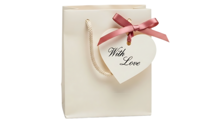 A gift bag with a heart tag and a ribbon Isolated on a transparent background