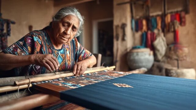 Guatemalan senior woman weaving textile. Traditional weaving craft, indigenous culture. Skilled artisan at work, intricate details. Authentic heritage, colorful patterns.