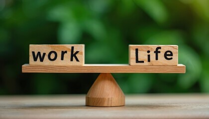 Wooden blocks spelling work and life on a balance scale. Concept of work-life balance and finding harmony between pro duties and personal activities.