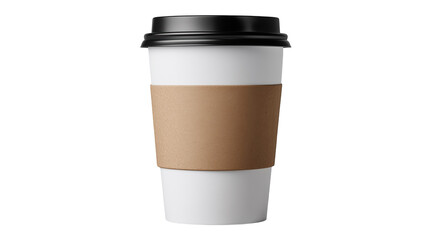White paper coffee cup with cardboard sleeve for takeaway drinks.

