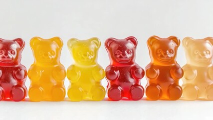 Video A group of colorful gummy bears seated together, often used for food or dessert