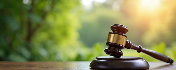 Judge gavel rests on wooden desk against blurred green nature background. Symbolizes justice, law, and eco protection. Represents legal rulings for environmental causes.