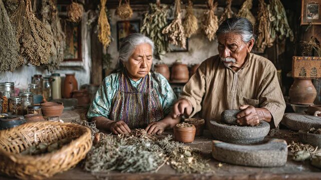Authentic portrait of senior Mexican couple preparing traditional herbal medicine. Man grinds herbs, woman sorts dried plants. Traditional lifestyle, natural remedies, rustic home.