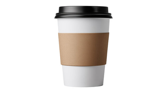 White paper coffee cup with cardboard sleeve for takeaway drinks.

