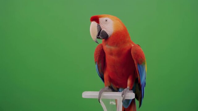 Medium shot of a scarlet macaw perched on a stand against a green screen background