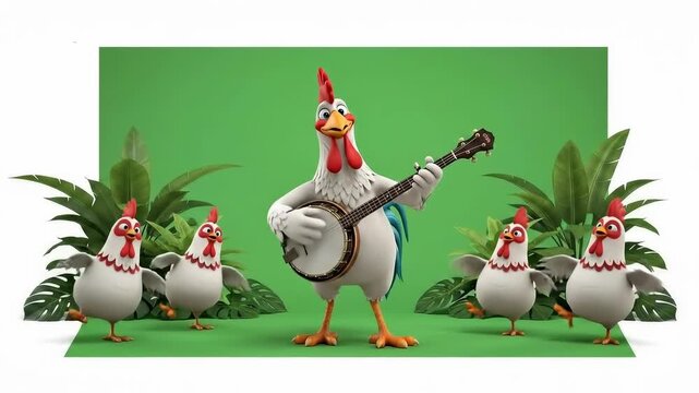 Animated Rooster Playing Guitar with Chickens on Green Screen.