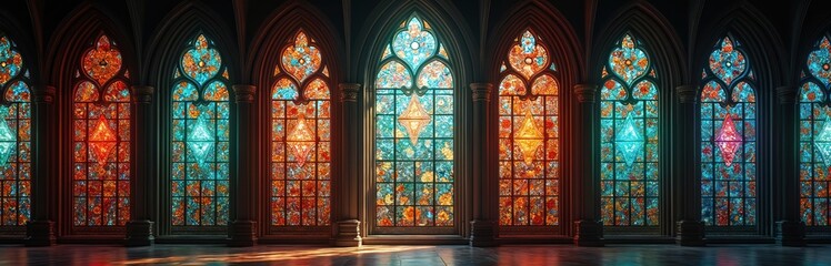 Fototapeta premium Interior view of cathedral hall with ornate stained-glass windows. Colorful glass panels emit light, creating sacred atmosphere. Intricate patterns show artisanal craft. Divine divine beauty.