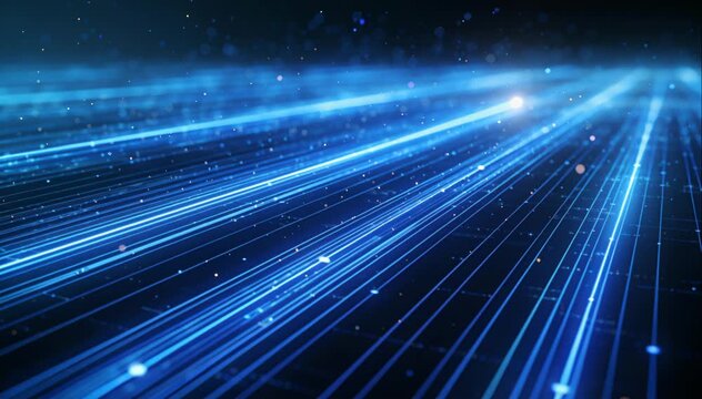 abstract blue light trails background with glowing parallel lines and glittering particles representing high speed data transmission fiber optics and digital telecommunications