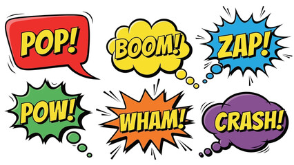 Pop Art Comic Speech Bubbles with Exclamations POP, BOOM, ZAP, POW, WHAM, CRASH, isolated white background © nevermind