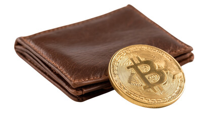 Brown leather wallet with gold bitcoin coin for cryptocurrency finance investment.

