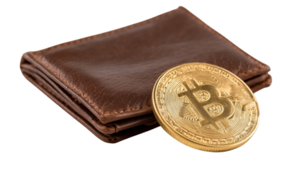Brown leather wallet with gold bitcoin coin for cryptocurrency finance investment.

