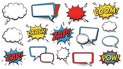 Bold Comic Speech Bubbles with Sound Effects Boom, Zap, Crash, Pow, and Blank Spaces, isolated white background © nevermind