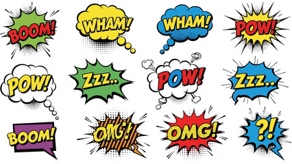 Vibrant Comic Book Speech Bubbles and Sound Effects Collection Including BOOM!, WHAM!, POW!, and Zzz.. on an Isolated White Background.