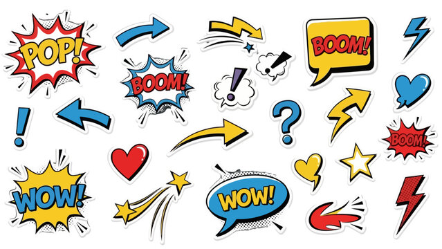 Vibrant Comic Book Speech Bubbles and Sound Effects Sticker Set on Isolated White Background