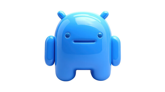 Cute glossy blue robot character with minimal design standing for technology mascot branding.


