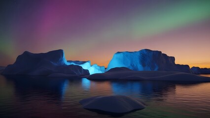 Aurora borealis over icy waters with floating icebergs at sunset