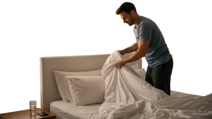 A man making his bed in a modern bedroom on transparent background