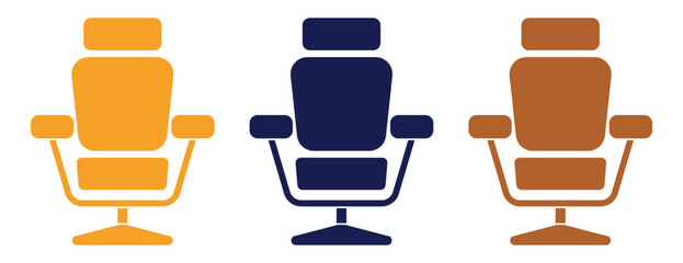 Modern office chair icons in three distinct colors, comfortable seating vector symbols for furniture design
