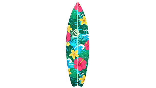 A colorful surfboard with a floral pattern on transparent background