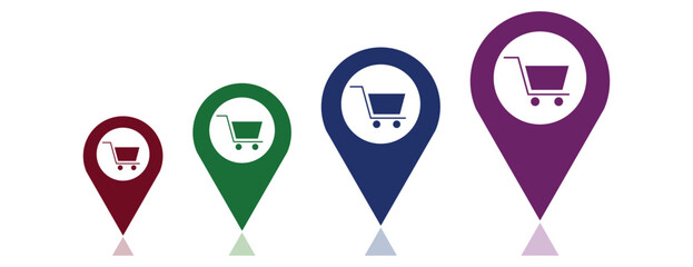 Map location pins containing shopping cart icons, ecommerce store finder