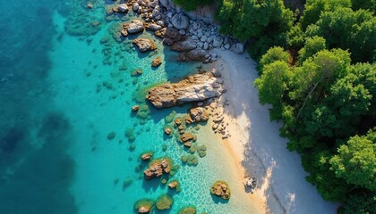 Aerial view of secluded rocky beach with crystal clear turquoise water and rich green trees. Gentle waves lap shore, revealing submerged rocks. Sunlight creates dappled patterns on sand and water.