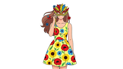 Obraz premium A woman wearing a colorful mask and dress on transparent background