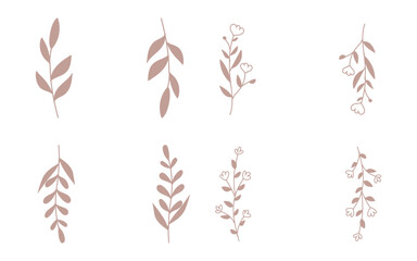 セピア色の手描きの葉っぱのフレームセット。