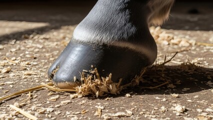 Close-up of a horse's hoof on dirt with straw for International Hoof Care Week