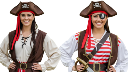 Two women dressed as pirates standing on transparent background