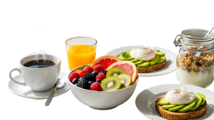 A delicious breakfast spread on a black table with transparent background