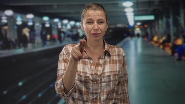 Woman points finger to camera at train station building, direct stare and extended hand; accusation confrontation.