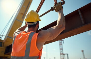 Construction worker wears hard hat and high-visibility vest. Muscular man directs heavy steel beam lifting with crane hook. Focus on strength and site safety.