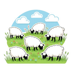 Group of sheep grazing in a grassy field, symbolizing peace and pastoral life.

