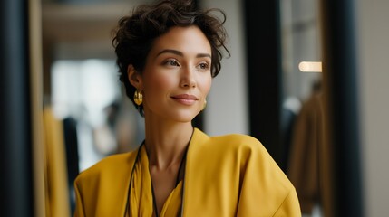 A personal stylist reviewing outfit options with a client in front of a full-length mirror, offering tailored fashion advice focused on body confidence and everyday wear. cinematic color