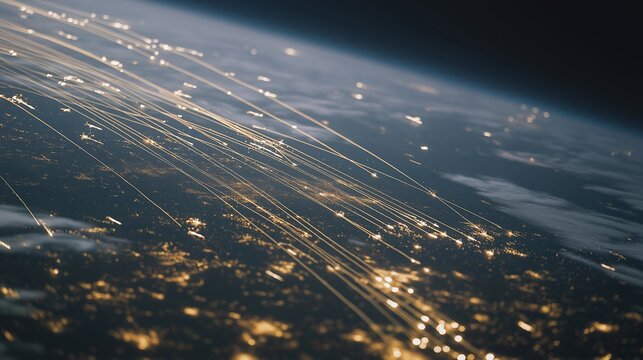 Radar display showing multiple aircraft trajectories converging near a major international airport, highlighting air traffic flow optimization and congestion management. cinematic color correction,